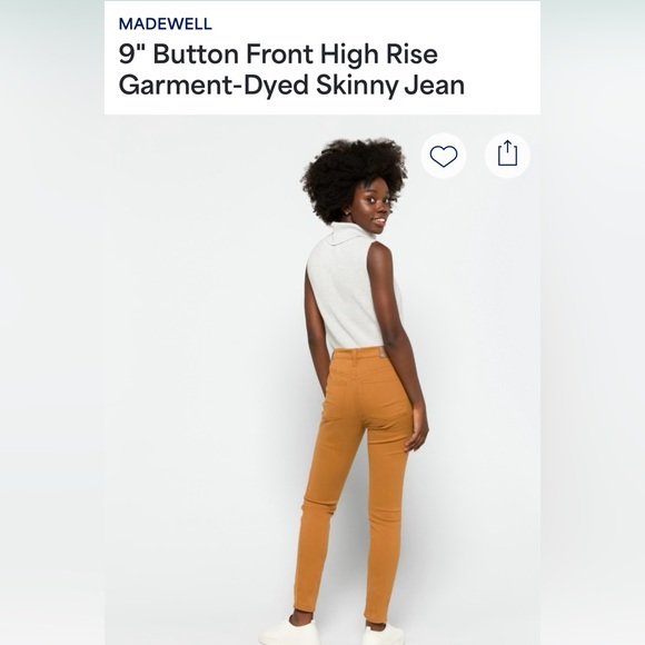 Madewell 9” Button Fly High Rise Garmet-Dyed Mustard Skinny Jeans - Picture 2 of 5